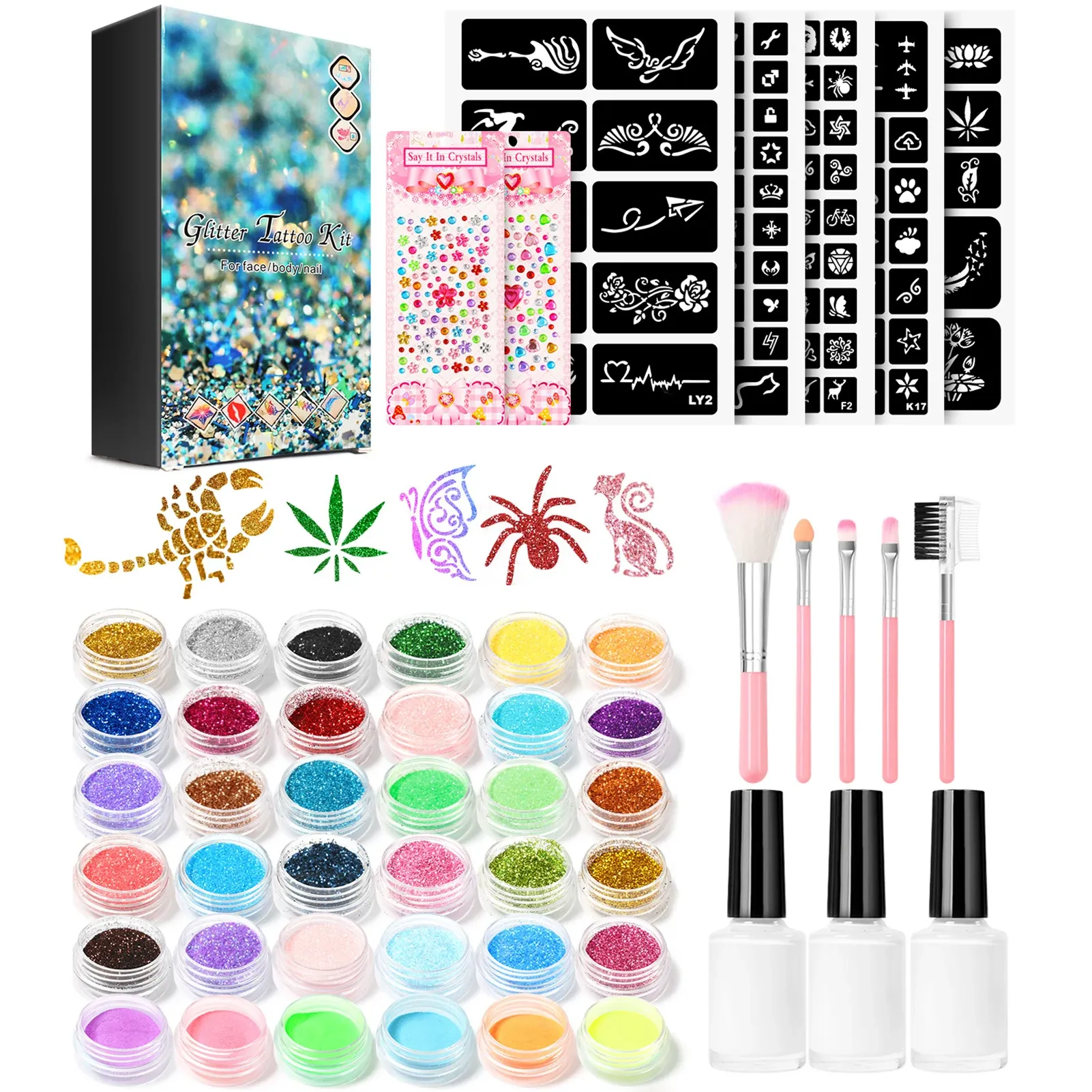 36 Farben Glitzer Tattoo Kit mit Schablonenkleber Pinsel Make -up Glitzer Körperkunst Design für Menschen Kinder Körpermalerei Glitzerpulver