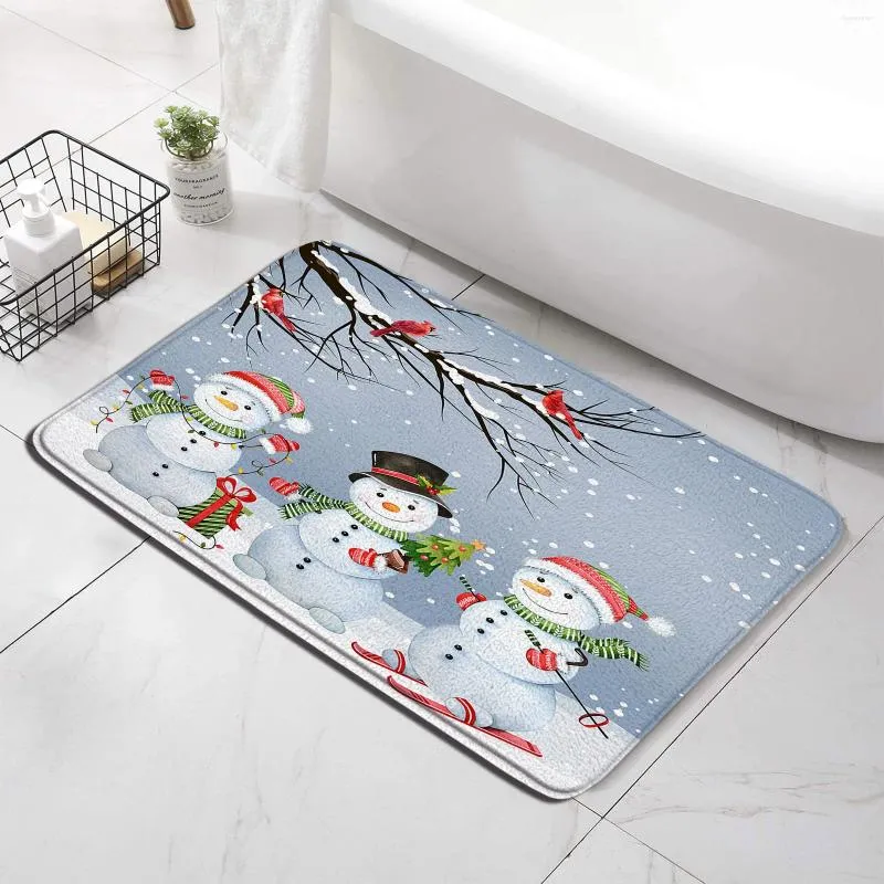 Badmatten Sneeuwman Birds Rode Kerst Tapijten Sneeuwvlok Kerstmas Tree Landat Non Slip Flanel Foot Tapijt voor badkamer keukenkamer