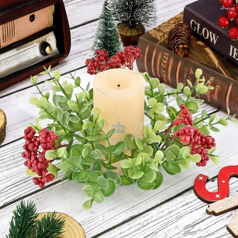 Decorative Flowers Eucalyptus Christmas Wreath Candlestick Ring Berry Candle Decoration Table Wine Bottle Supplies