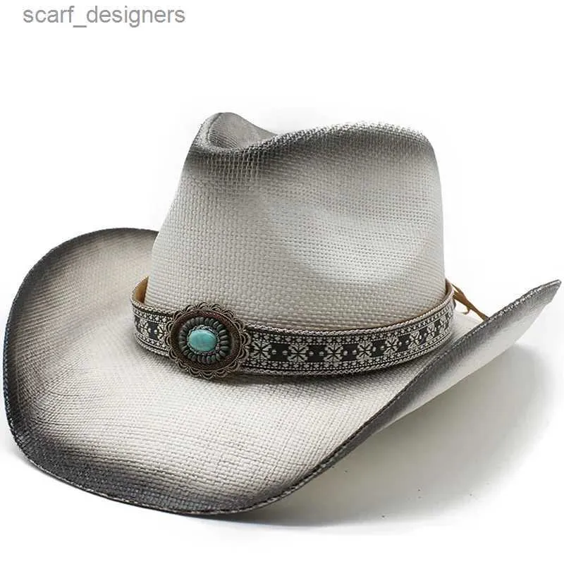 Wide Brim Hats Bucket Hats Vintage Retro Irregular Turquoise Beads Leather Belt Hollowed Out Women Men Straw Wide Brim Beach Cowboy Cowgirl Western Sun Hat Y240409