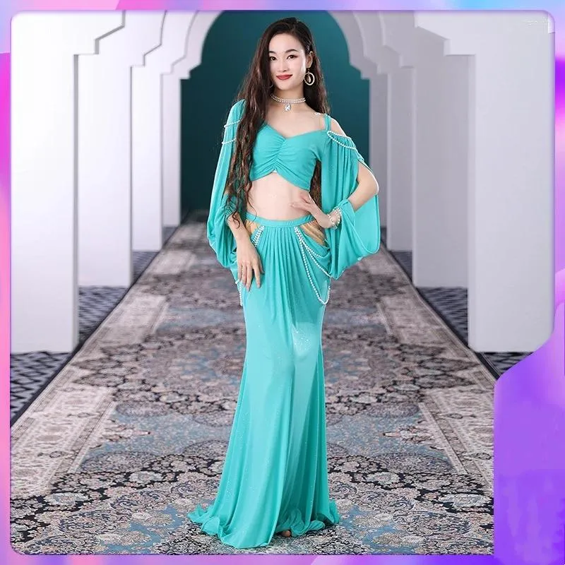 Scen Wear Belly Dance Dress for Women Mesh Pearls Sleeves Top Long Kjol 2st Suit Oriental Disumes Set Practice Outfits