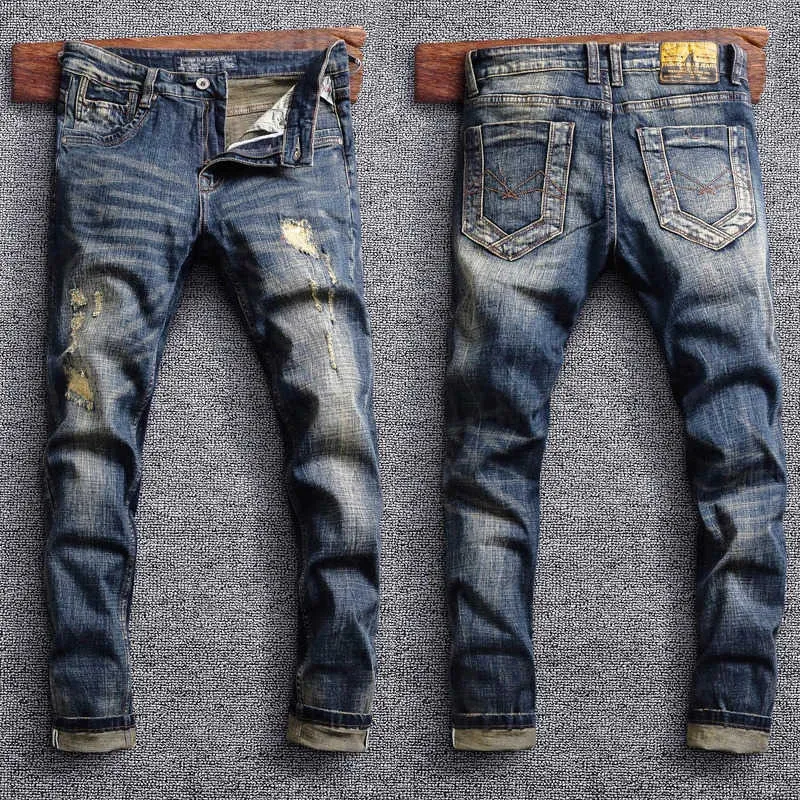 Jeans masculin style italien mode jeans rétro bleu bleu élastique mince jeans hommes patchwork vintage designer décontracté stretch denim pantalon t240409