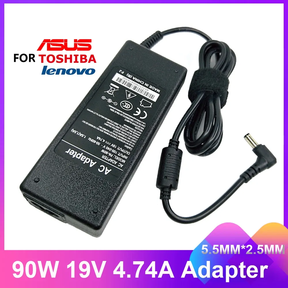 Adapter 19V 4.74A 90W 5.5*2,5 mm Laptop Charger Power för Asus Toshiba/Lenovo Adapter A46C X43B A8J K52 U1 U3 S5 W3 W7 Z3 Notebook