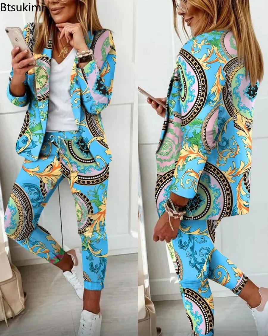 Womens Two Piece Pant Suit Set Outfits Spring Autumn Wid Down Print Blazer Coat Drawstring Pants Women Casual Set 240329