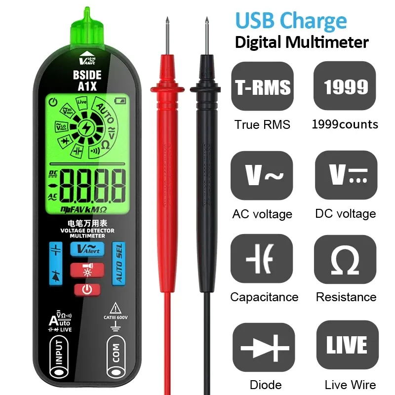 A1x USB Charge Digital Smart Multimetro True RMS DC AC Tensione Tester Capacità OHM Hz Continuità Hz Continuità NCV Tester Live