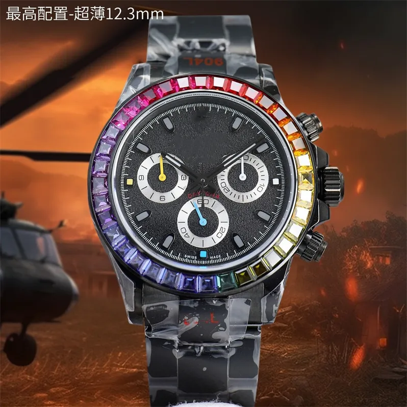 Black Montre de Luxes Diamond Watch Männer Uhren 40 mm 7750 Chronograph Mechanische Bewegung Carbon Schwarzes Vakuum -Plattierungskoffer Armbanduhr Relojes Relojes