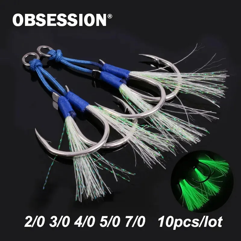 10Pair Twin Assist Hook Barbed Carbed Carbon Steel Double Pike Glow Fishhook för långsam jig Konstgjord bete Sea Fishing Hooks 240329