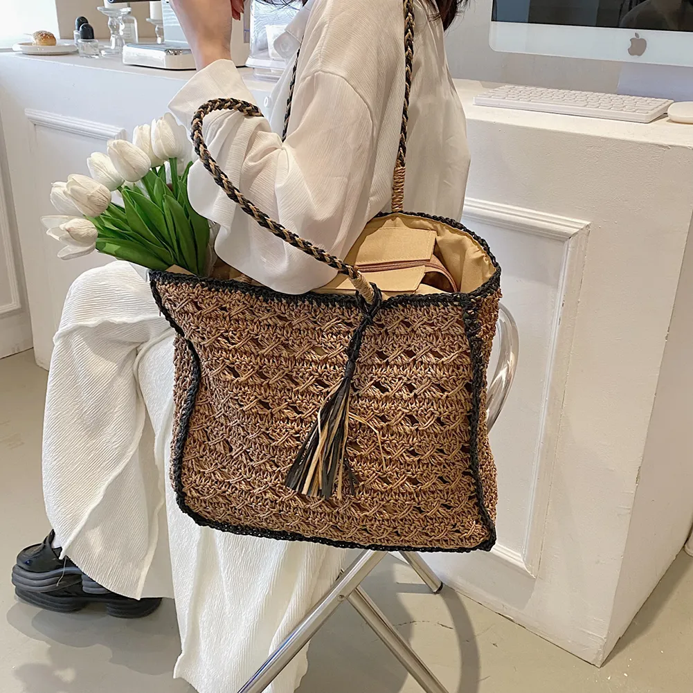 Boho Beach Tote: Summer Straw Bag for Women - Rattan Woven Shoulder Bag ...