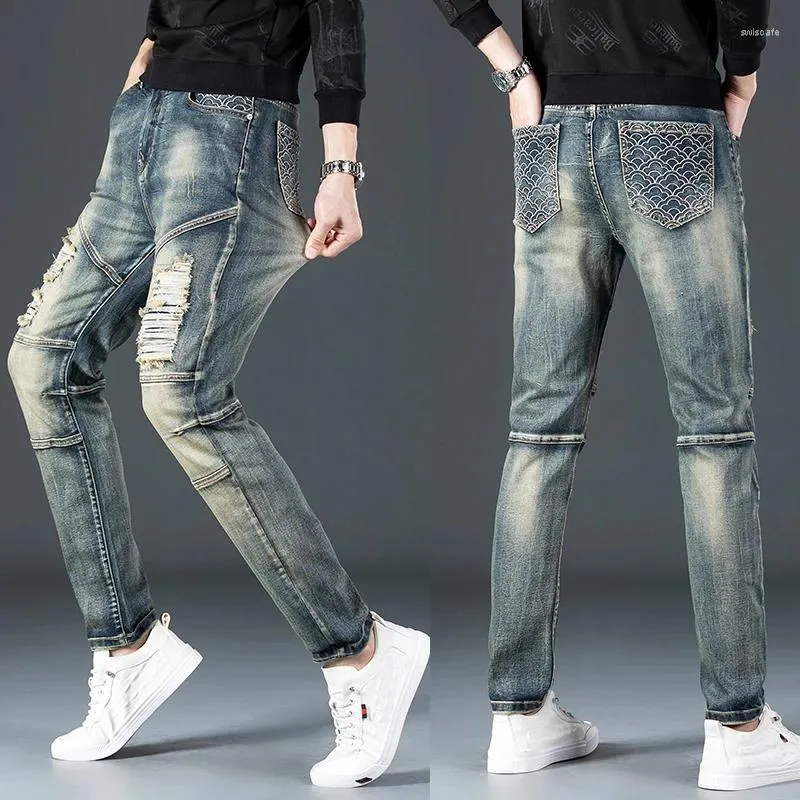 Мужские джинсы высококачественные сплайсированные мотоциклевые бренды Slim Fit Hole Вышивка мужской брюки вечеринка хип -хоп плюс брюк