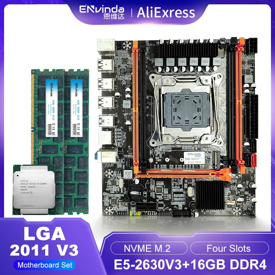 Cartes mères Envinda D4 X99 Ensemble de carte mère avec Intel Xeon E5 2630V3 LGA 20113 CPU 1 * 16 Go PC4 RAM 2133 MHz DDR4 Mémoire de serveur RAM REG ECC