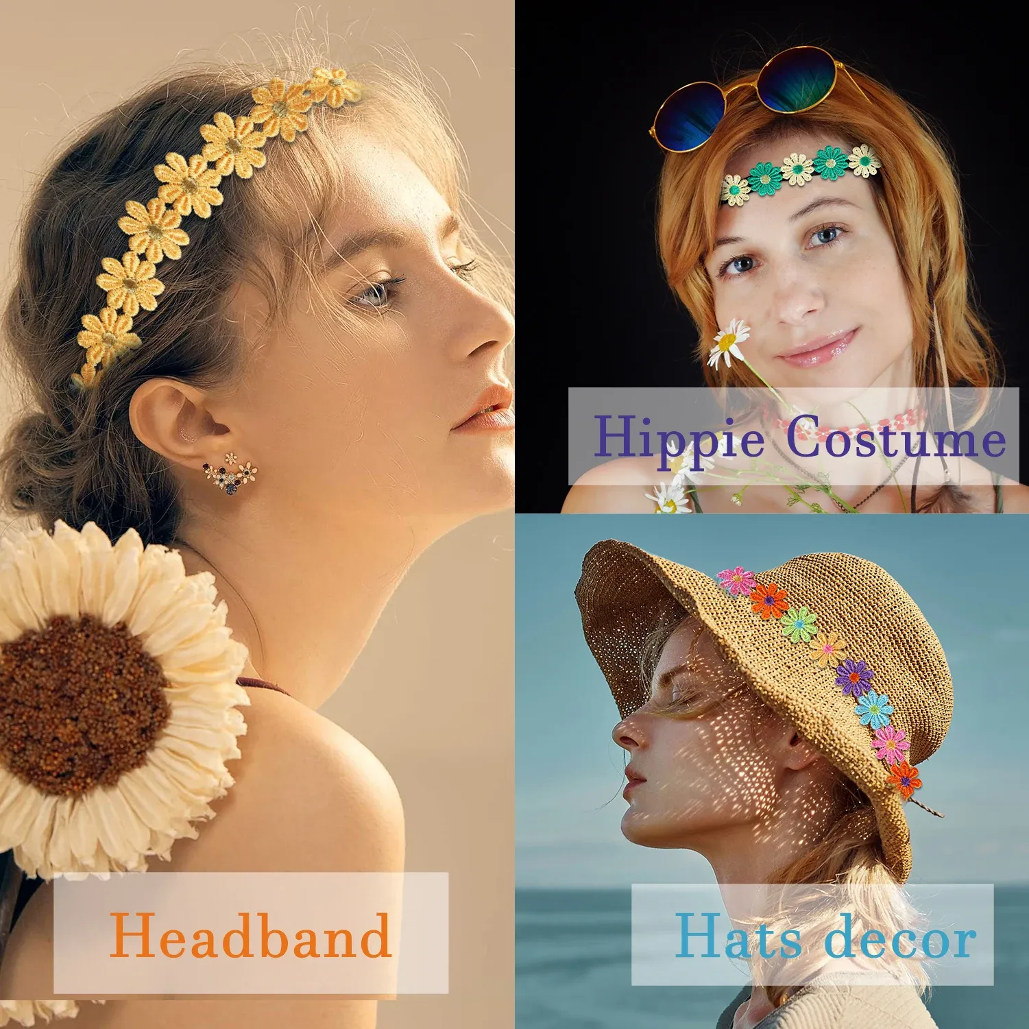 Daisy Flower Headband Sunflower Hippies Crown Hair Wreath Bohemian Floral Headpiece for Spring Tourism Wedding Festivals Party