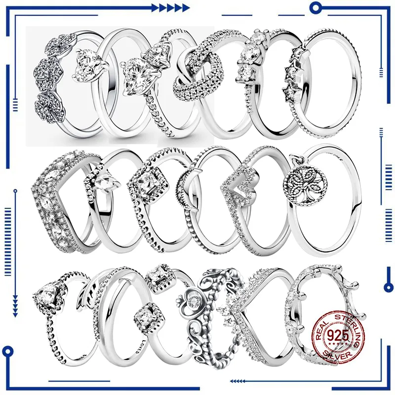 925 Silver Fashion Nouveau Pan Anneau Original Couronne Coeur E Engagement Mariage Crystal Ring Bijoux Luxury Livraison gratuite