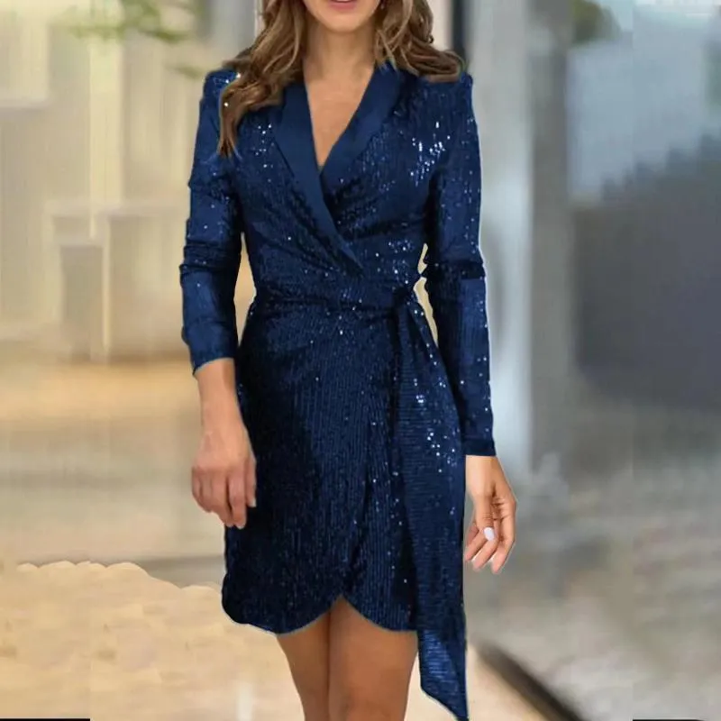 Casual Dresses Fashion Sequin för kvinnor 2024 Långärmad Crewneck Sparkly Glitter Mini Dress Elegant Clothing Wedding Guest