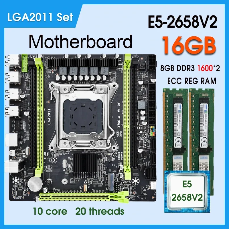 Cartes mères X79 Motherboard LGA 2011 Kit Xeon E5 2658 V2 CPU 2 * 8 Go = 16 Go 1600MHz DDR3 ECC MEMORY GAMING PC PLACA MAE LGA2011