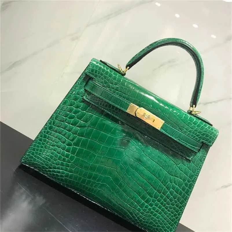 Handväska Crocodile Leather 7A Quality Bag 25cm Women Real Wax StitchingeBzl