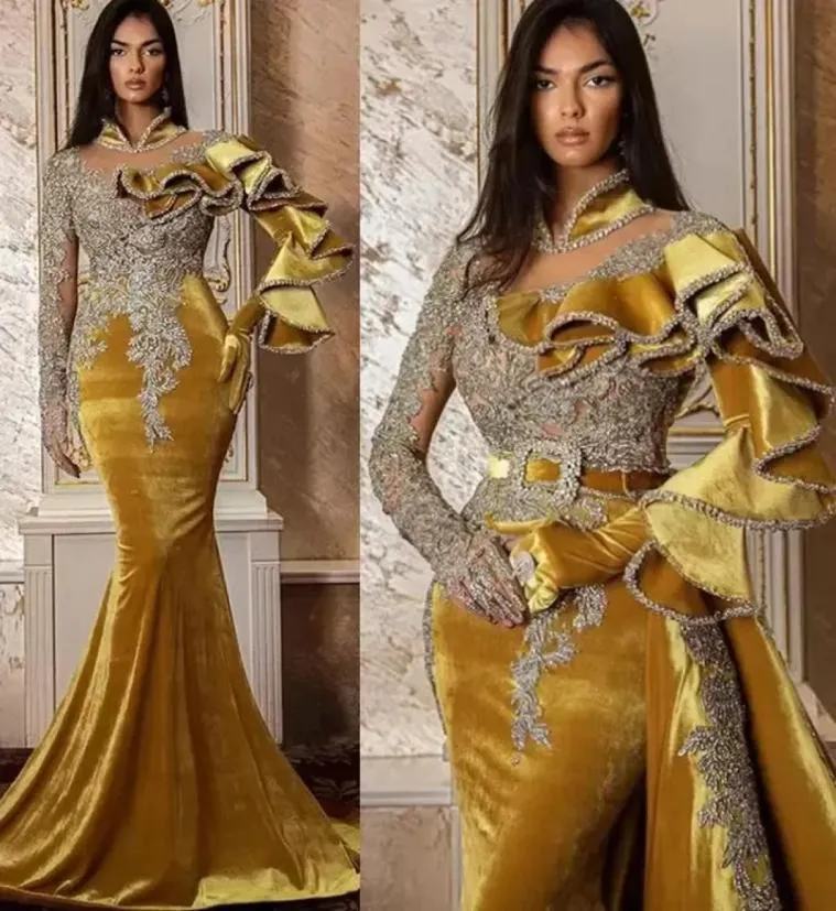 2022 Plus Size Arabic Aso Ebi Gold Luxurious Mermaid Prom Dresses Lace Beaded Crystals Evening Formal Party Second Reception Birth9323207