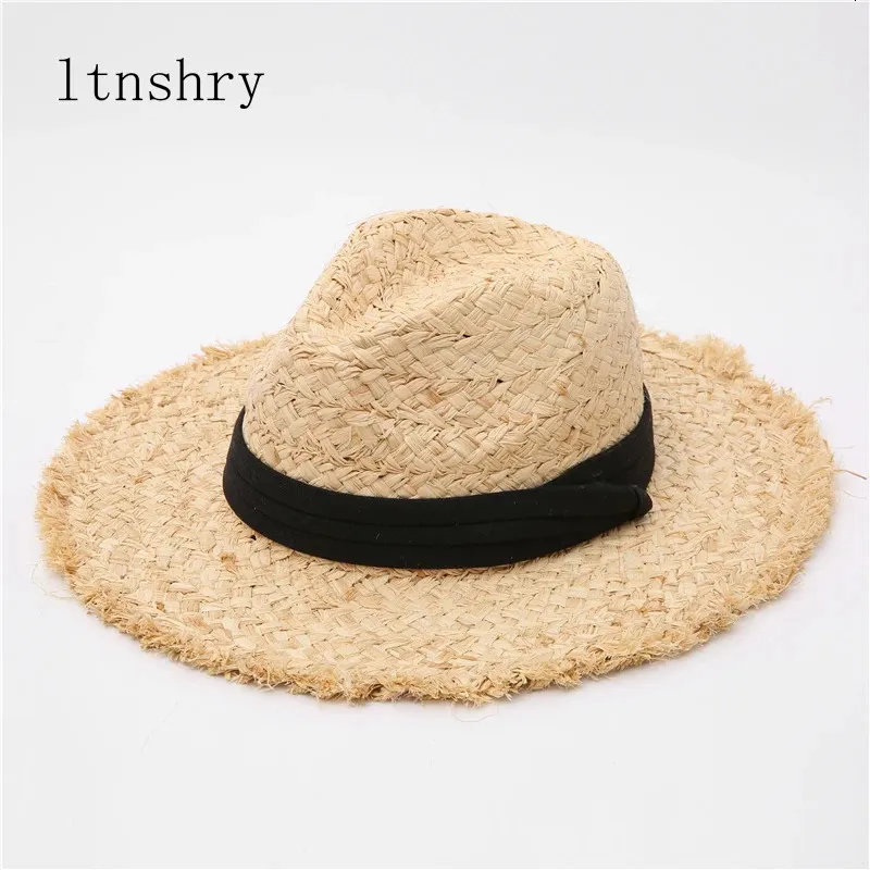 Raffiah Hat Panama Paille Summer Ribbon Noir Femmes Men Wide Brim Beach Sun Cap UV Protection Jazz Fedora Hat240409