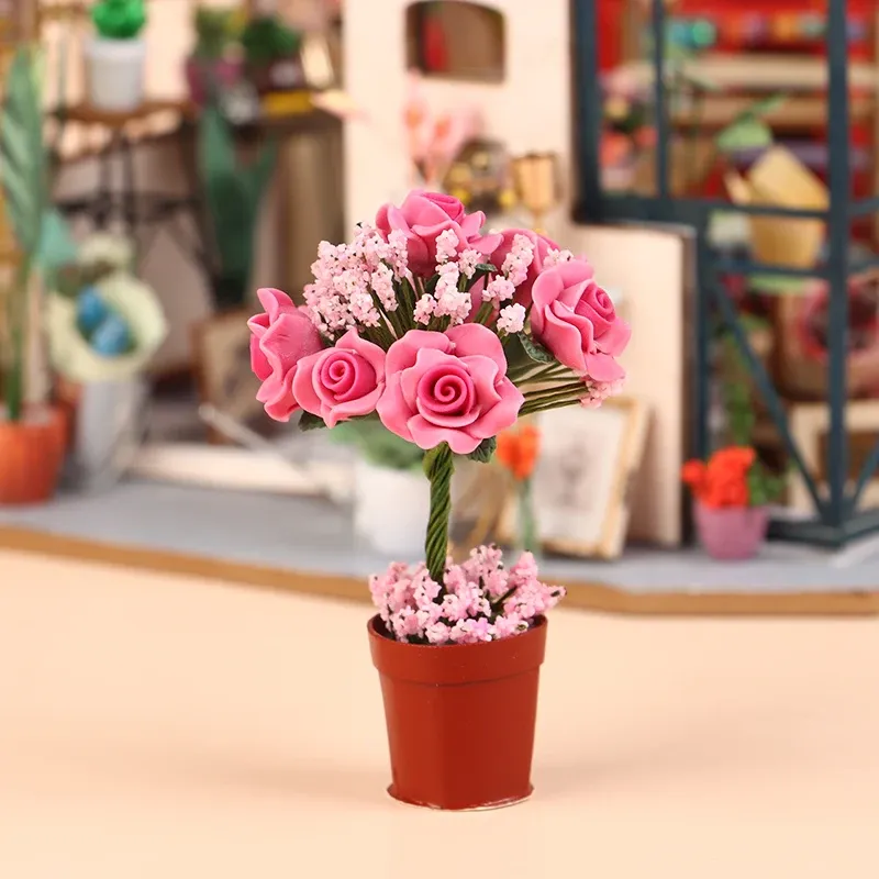 1:12 Dollhouse Miniature Potted Plants Rose Flowerpot Bonsai Simulated Rose Flower Model Dolls House Garden Home Decor Toy