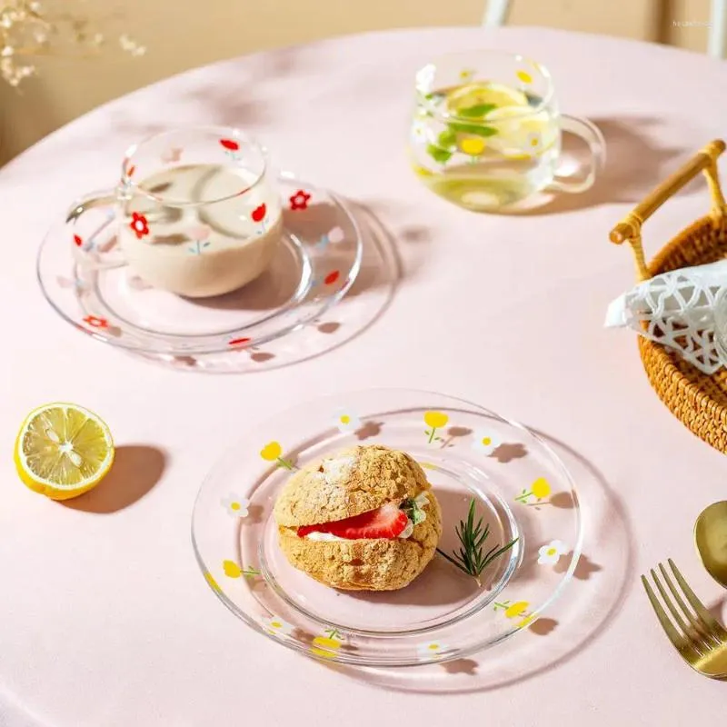 Tassen HF 400 ml Blütenmilchbecher mit Löffel Kaffee Frühstück Becher Set Dessertplatte Japanische Stil und Gericht süße Mädchen Geschenke