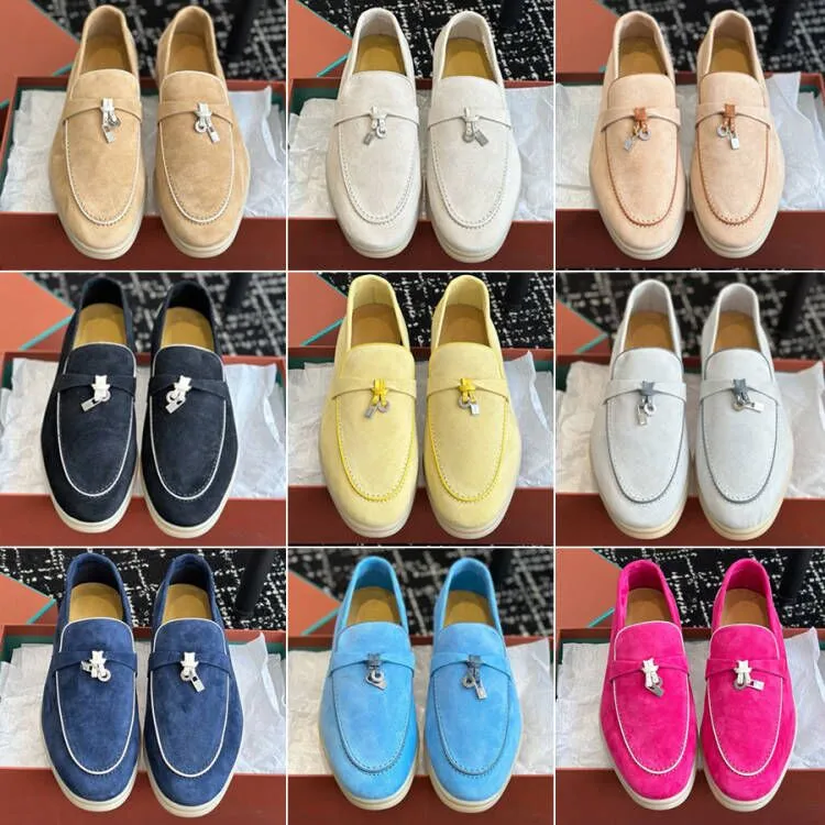 Yaz Yürüyüşü Süet Loafers Bayan Erkekler Moccasins Orijinal Deri Unisex Lüks Tasarımcı Daireler Elbise Ayakkabı Kaydı Üzerinde Sıradan Ayakkabı Fabrika Ayakkabı