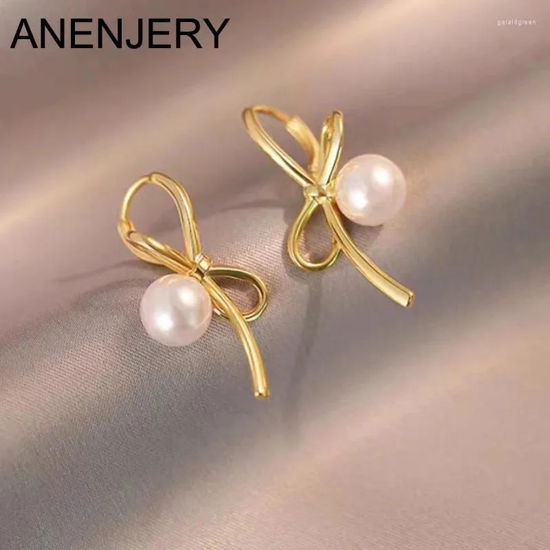 Stud Earrings ANENJERY Silver Color Bowknot Pearl Pendant For Women Vintage Golden Exquisite Jewelry Gift Accessories Aretes