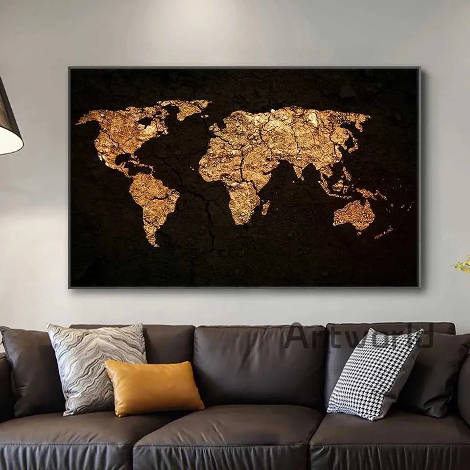 Elegant Black And Gold World Map Canvas Art Premium... From Thousand ...