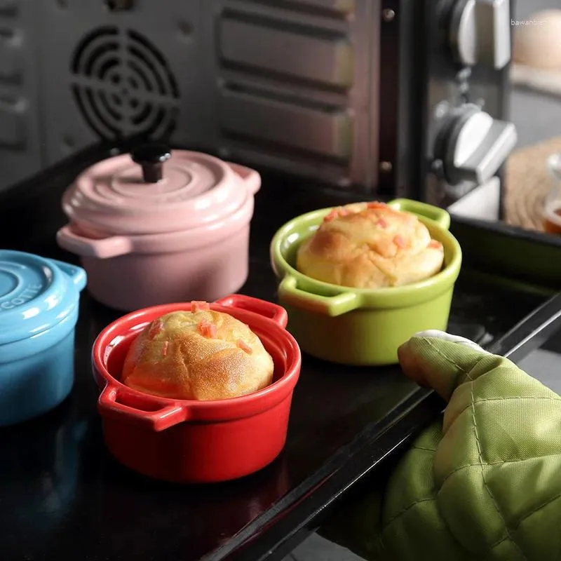 Bowls Mini Ceramic Noodle Fruit Salad Soup Bowl Double Ears Baking With Lid Microwave Oven Dessert Kitchen Tableware