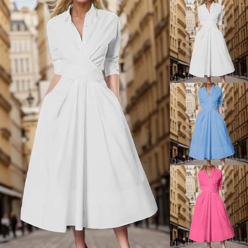 Casual Dresses Autumn Pleated Shirt Dress Fashion A-Line Single Breasted Turn-Down Collar High midje Solid Mini 2024 ROBES