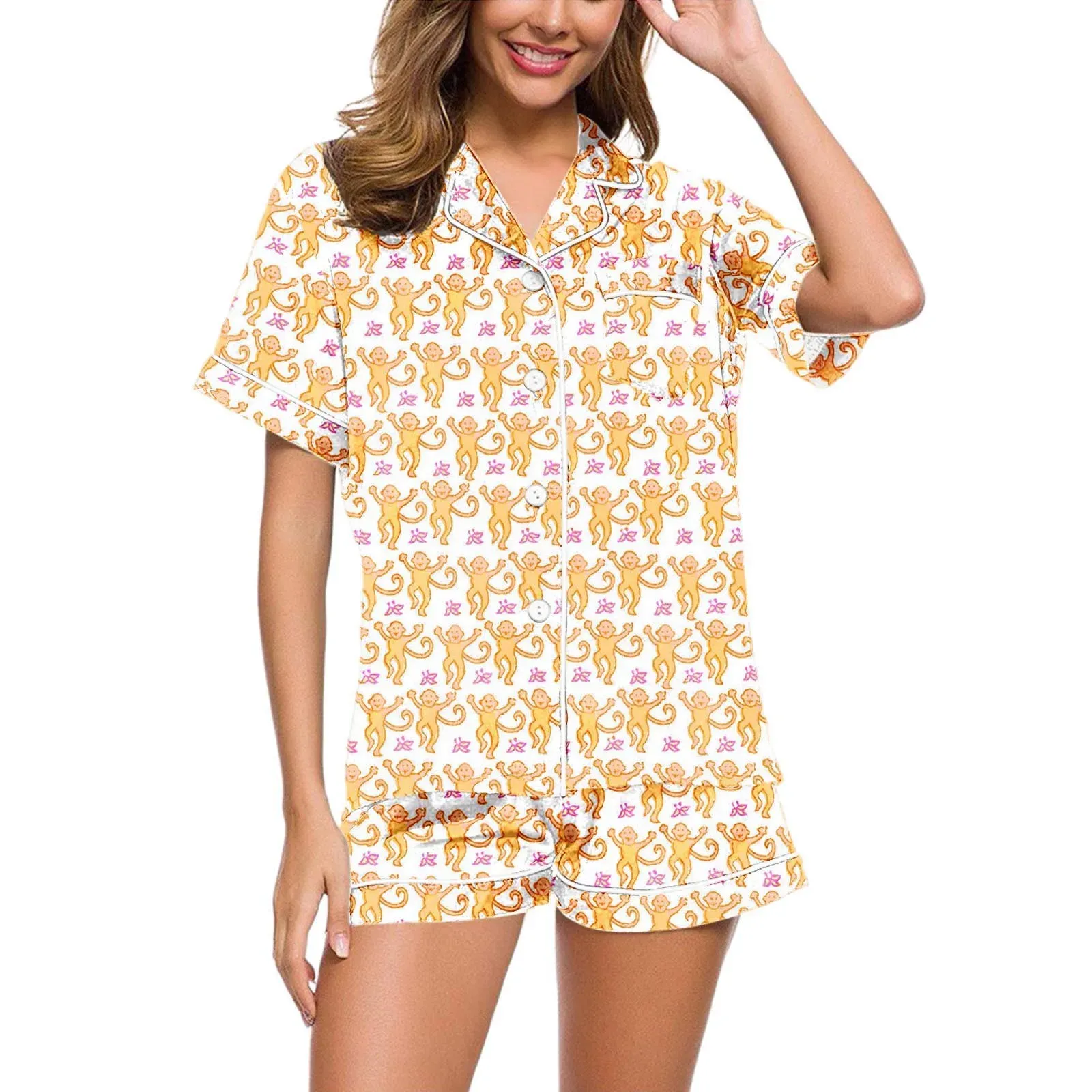 Netter Roller Kaninchen 2-Stück Pyjama Set für Frauen Affe Preppy Print Kurzärmel T-Shirt und Shorts Pyjama Set Loungewear