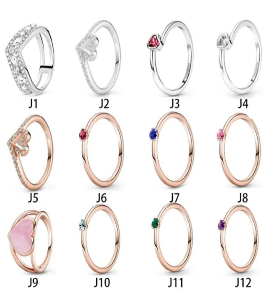 Nieuwe 100% 925 Sterling Silver Ring Fit Love Heart Diamond Red Blue Green Geboortestenen Ringen voor Europese vrouwen Wedding Original Fashion Jewelry9572034