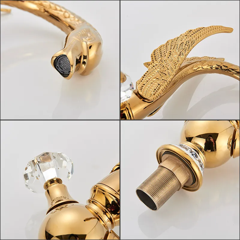 Robinet de bassin de salle de bain Senlesen Golden Swan Robinet Hot and Cold Water Mixer avec poignée à double cristal en cuivre Robinet de cygne noir