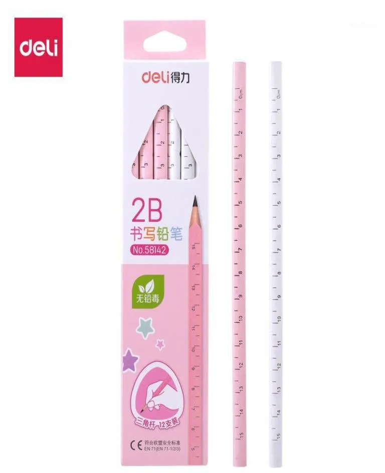 Crayons deli 12 boîtes Élèves de l'école primaire 2B Règle écrivant un crayon avec une échelle bleu rose pour filles garçons de papeterie cadeau 5814211675016