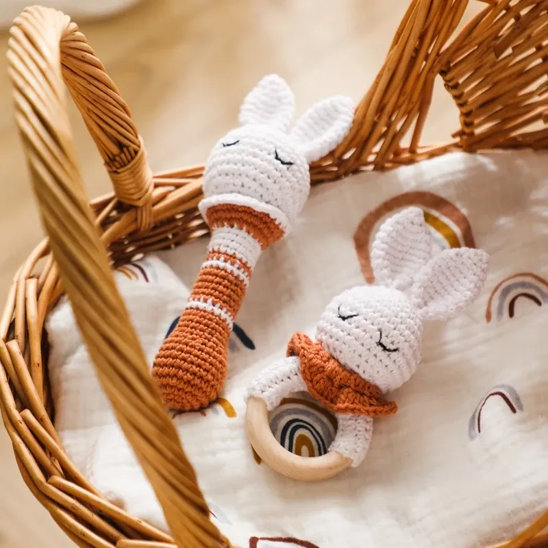 3pc/set Baby Rattles Crochet Stuffed Bunny Doll Rattle Toy Wood Ring Baby Teether Rodent Baby Gym Mobile Newborn Educational Toy