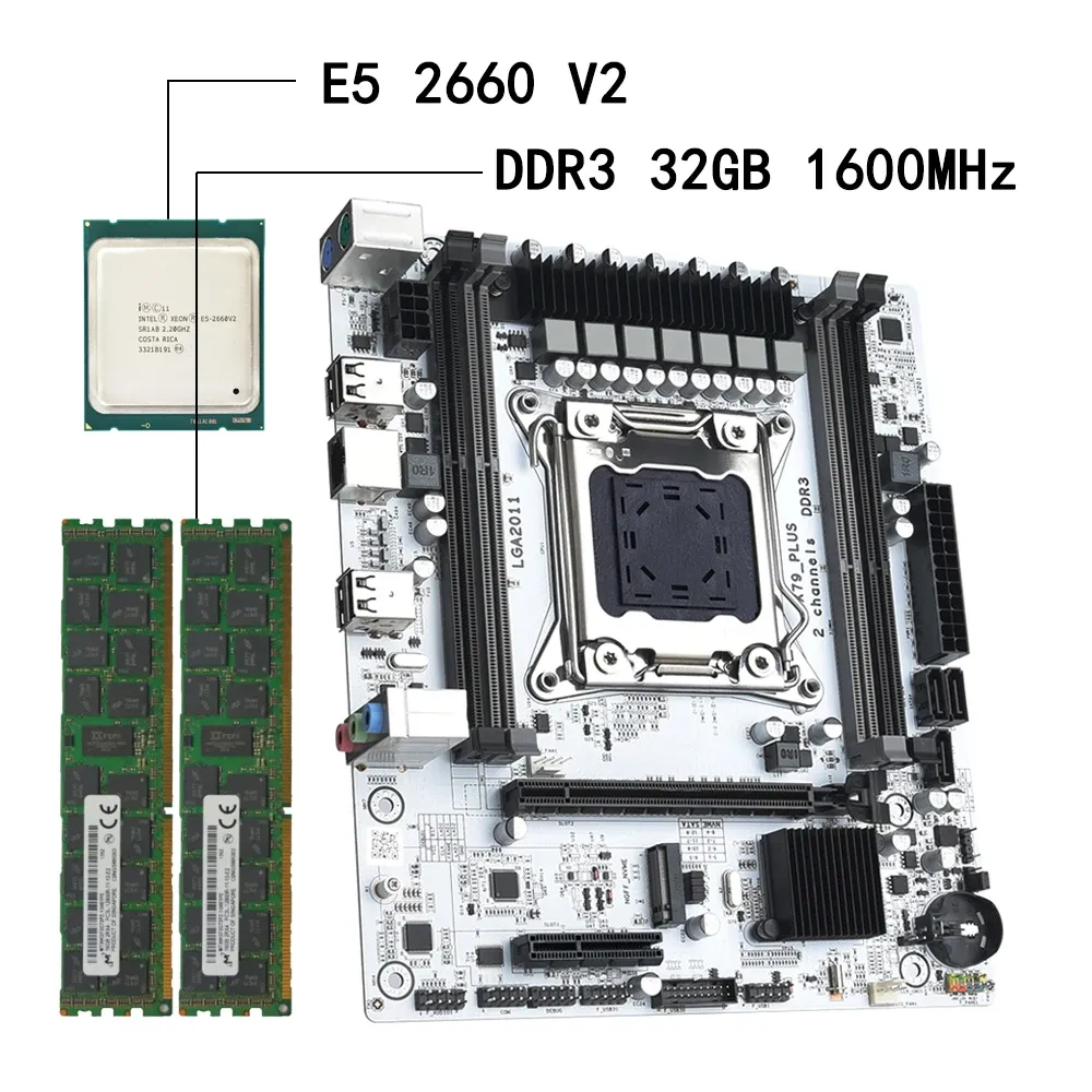 Cartes mères x79 plus set de la carte mère lga 2011 Xeon E5 2660 V2 CPU + 2 * 16 Go DDR3 Kit RAM Support M.2 NVME NGFF PC Gamer Gamer Combo