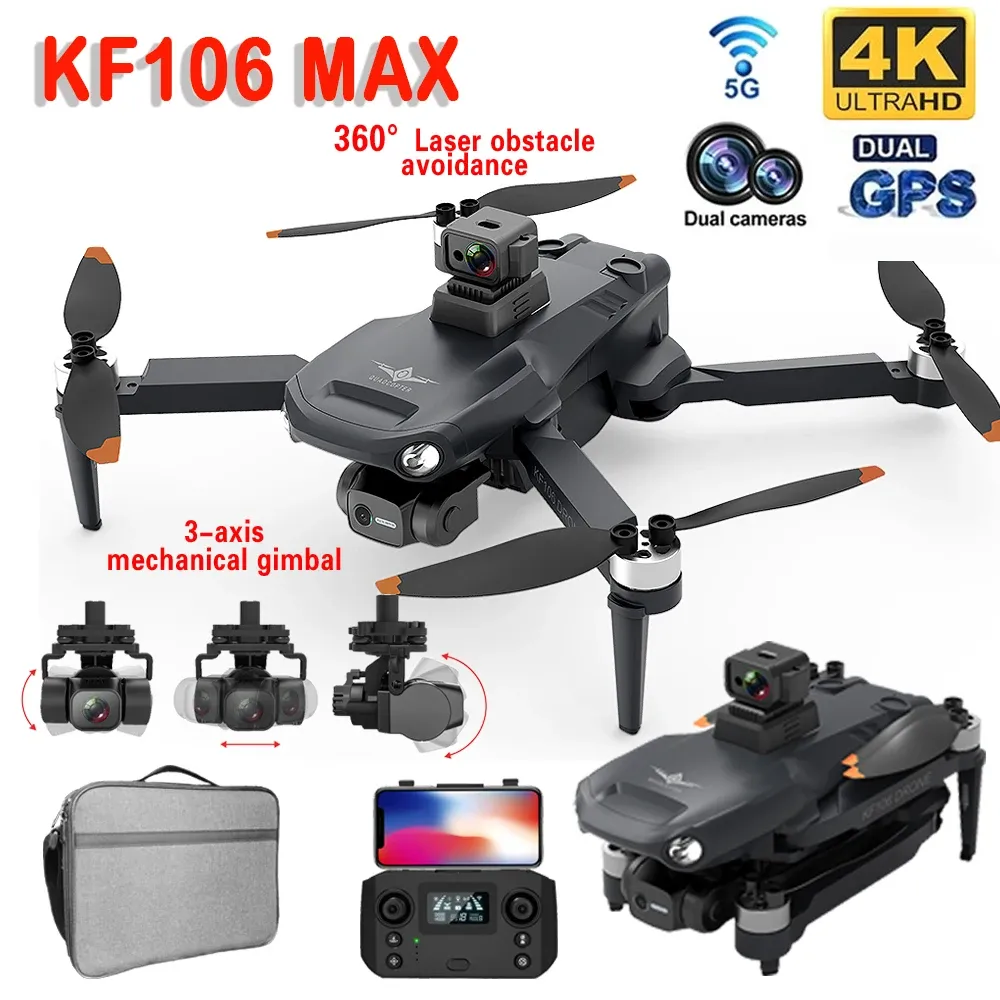 Accessoires 2022 NIEUW KF106 MAX DRON 4K Professionele HD Dual Camera 5G WiFi 3axis Gimbal Borstelloze motor Vouwbare RC Quadcopter KF106 Drone