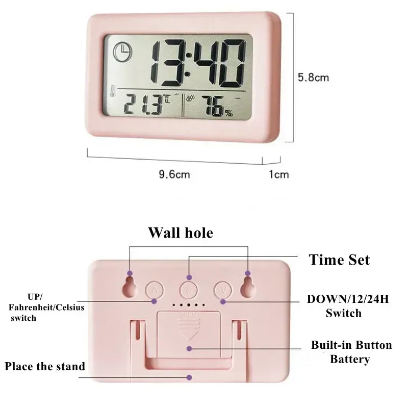 Mini cyfrowy zegar Temperatura wilgotność przenośna termometr zegarowy higrometr 12/24 godziny zasilania baterii zegary do domu