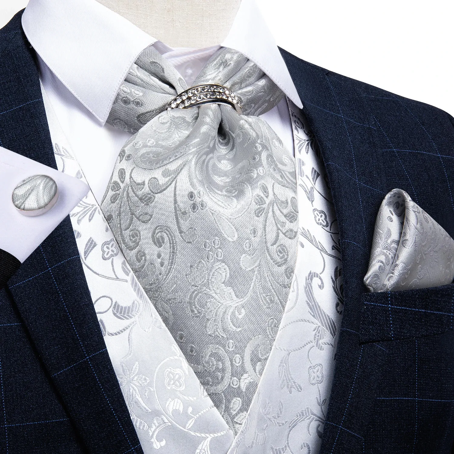 Luxus Silber Paisley Männer Ascot Krawatte Hochzeit Formal Cravat Scrunch Selbstbritish Neck Set Pocket Square Manschettenknopf DIBUGU240409