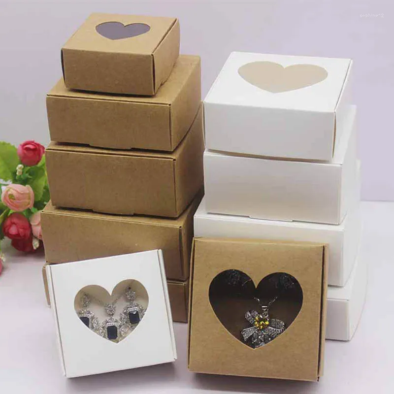 Gift Wrap 50Pcs Multi Sizes Kraft Paper Box With Heart Window Jewelry Display Cases Candy Small Packaging Boxes For S