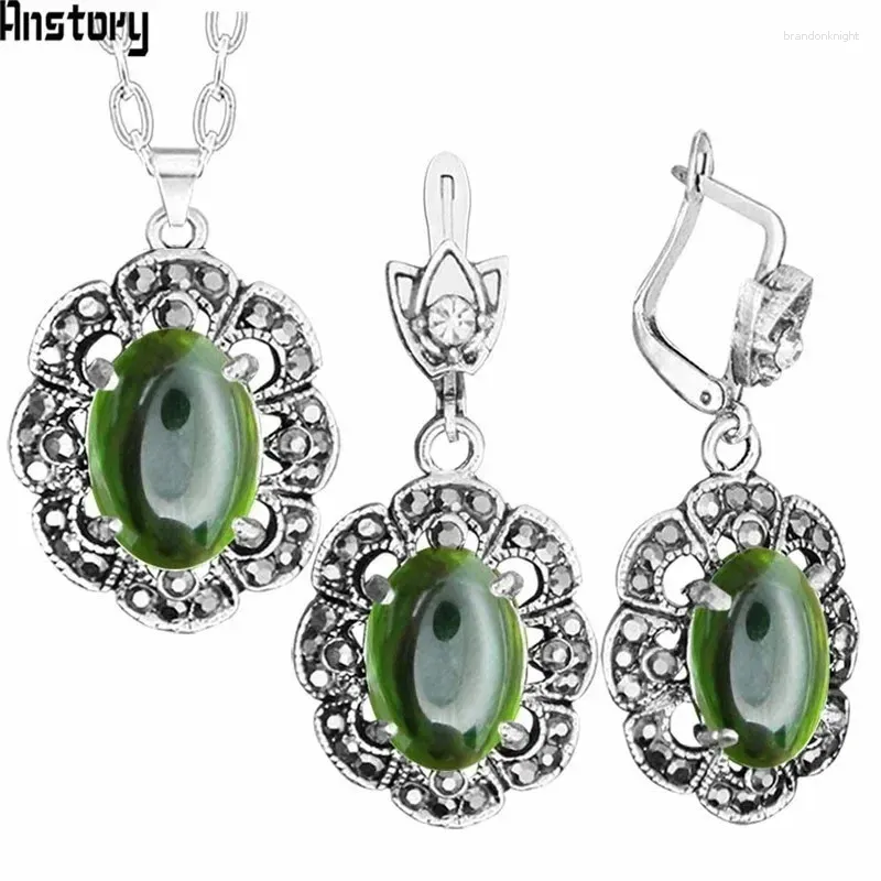 Necklace Earrings Set Transparent Green Crystal Jewelry Rhinestone Vintage Look Fashion For Women 405