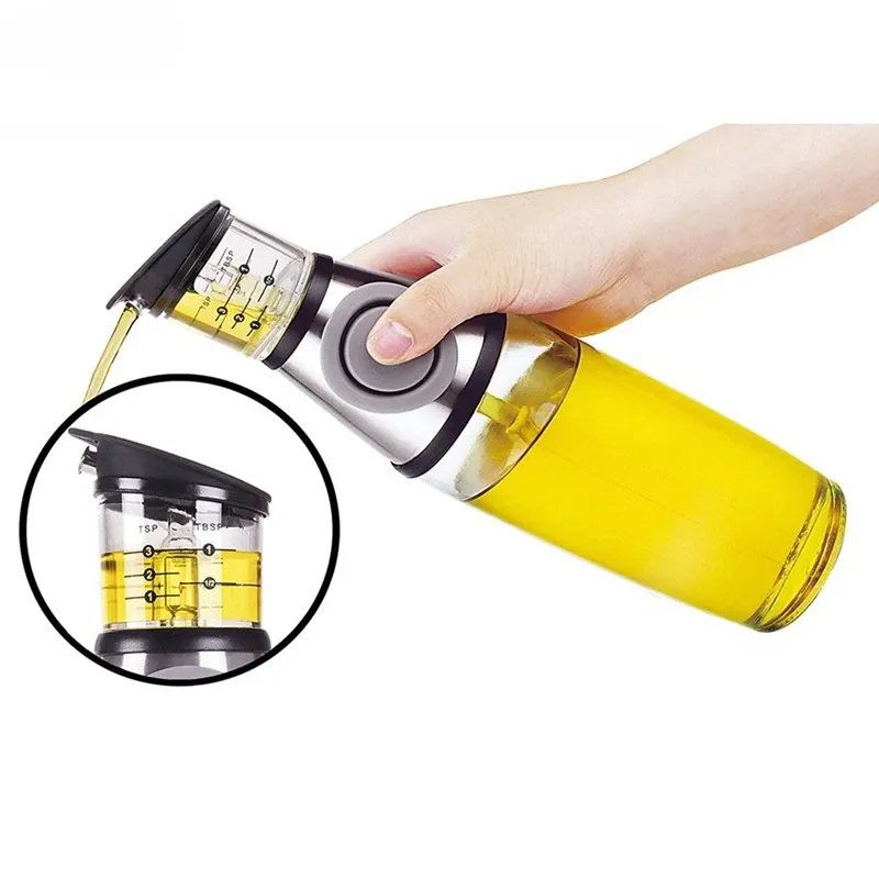 Dispensador de óleo de 500 ml com medições para cozinhar óleo e vinagre de cruzeiro sem bico de vidro garrafa de vidro com conveniência da cozinha