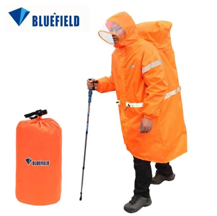 Bluefield unisex reflecterende buitenrugzak regenjas regen deksel one hoofde rain poncho cape jas voor wandelcamping fiets1099641