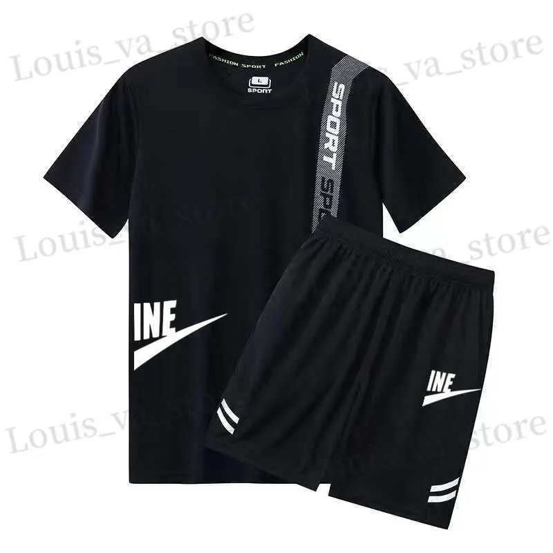 Testes masculinos 2024 Moda Novo esportivo masculino Desgaste de verão Desmoronar esportes vestidos de t-shirt curta+shorts de secagem rápida 2 peças