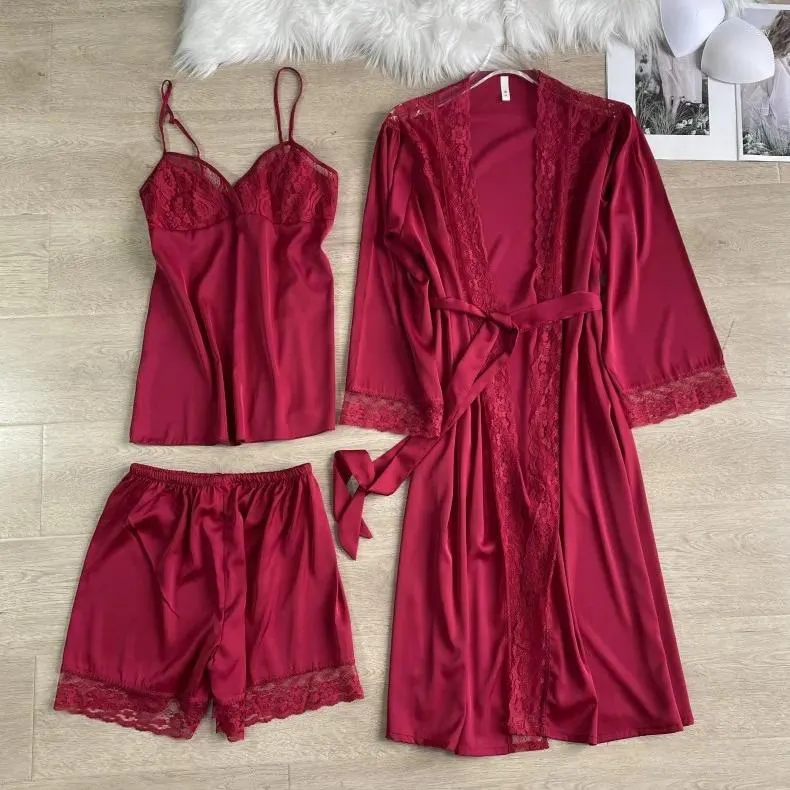 Home Clothing Women Lace Trim Pajamas Sets Sexy Kimono Robe Nightdress&Shorts Sleepwear Rayon Spring Summer M-XL Nightwear Bathrobe