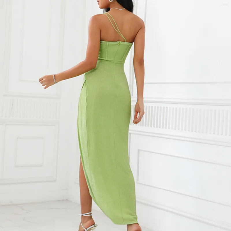 Casual Dresses Elegant Long Dress Women Sexig Style Ladies Single Sling Slash Neck Asymmetrical Side Slit Solid Color Vacation Outfit