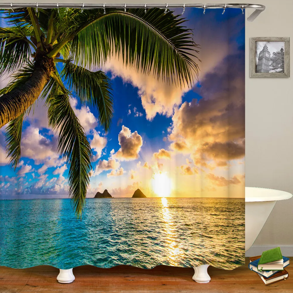 Sjön Sea Beach Sunset Dusk Coconut Tree Duschgardiner Badrumsgardin Frab Waterproof Polyester Bath Curtain med krokar