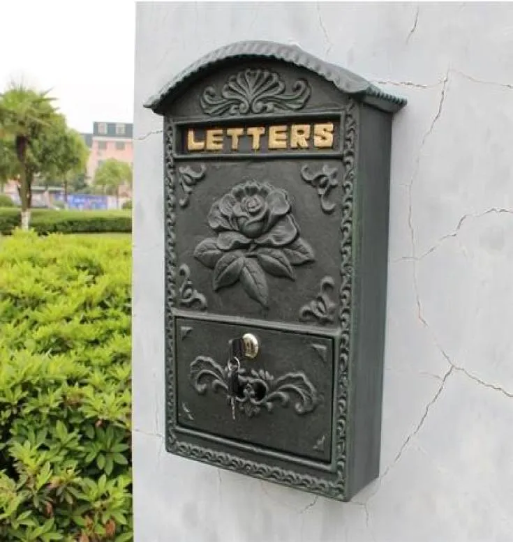 Antiek gegoten aluminium ijzer postbox Mailbox Garden Decoraties Bloem Embossing Trim Decor Dark Green Metal Mail Letters Post Box HO2034492