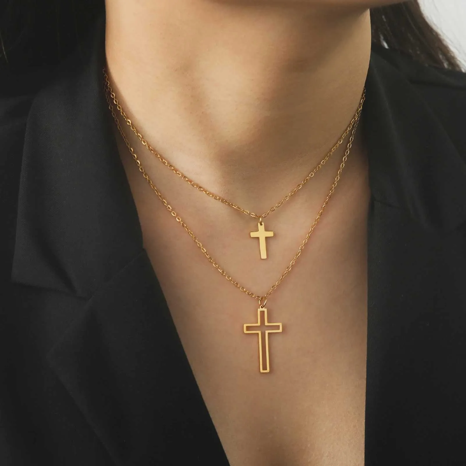 Kolye Kolyeleri Skyrim Cross Kolye Çift Katmanlı Kolye Paslanmaz Çelik Altın Kadınlar Kolye Zinciri İsa Çapraz Hıristiyan Takı Hediyesi