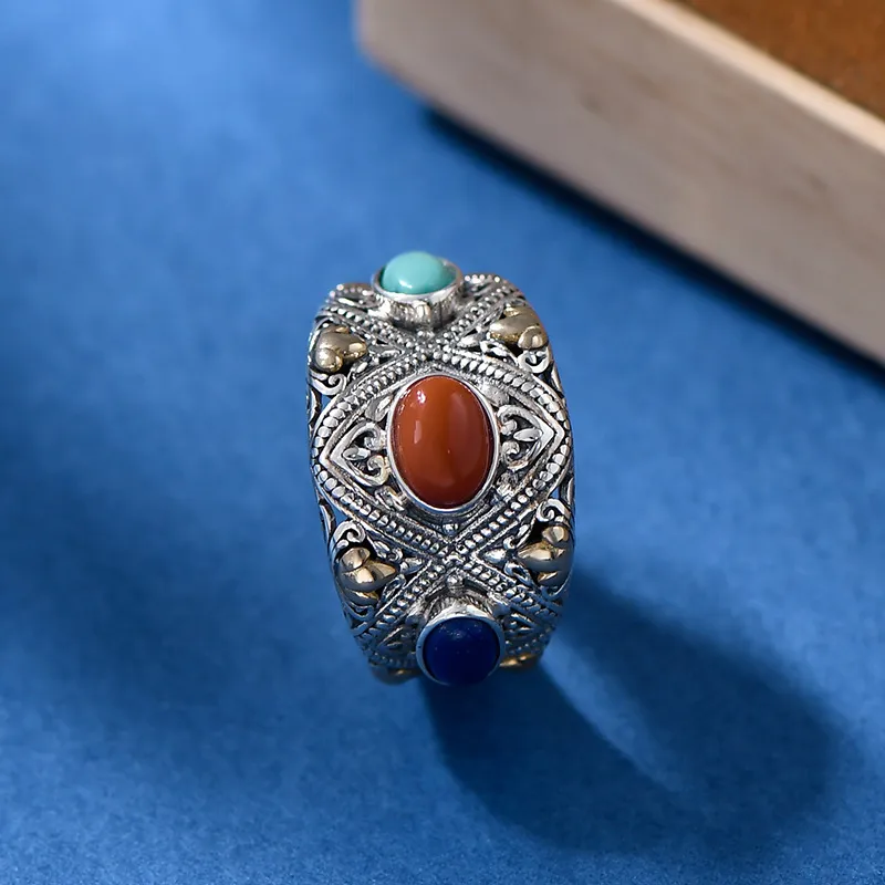 Vintage 925Sterling Silver Ring Personality Designed 925 Silver Agate Inlaid Jewelry Finger Ring Purely Handmade Silver Ring for Women or Men Silver Jewelry Ring