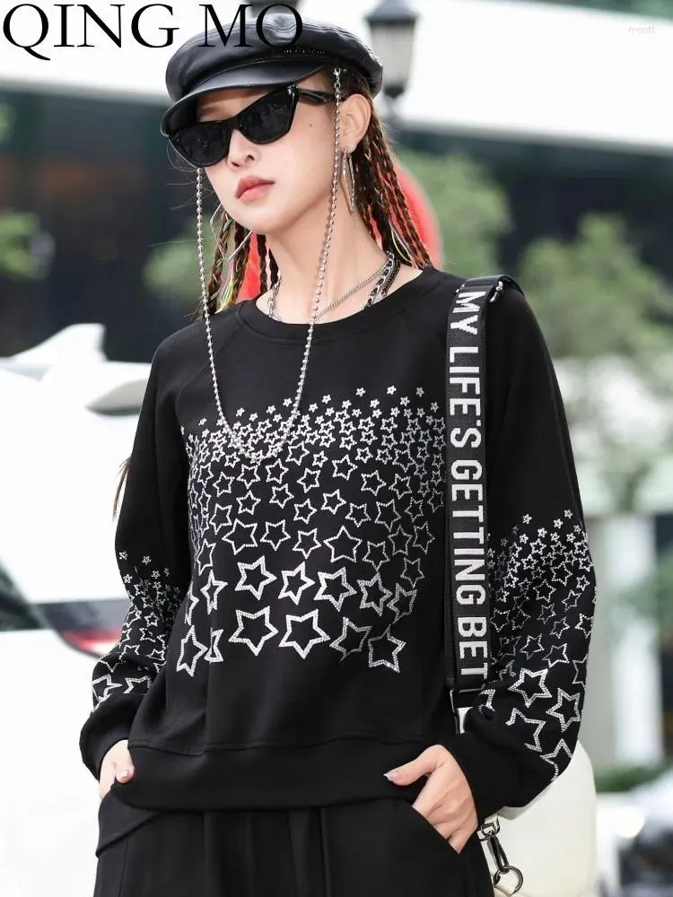 Damen Hoodies Qing MO 2024 Frühling Herbst Round Neckstar Print Hoodie Frauen schwarz rose rot lose Sweatshirt ZXF5073