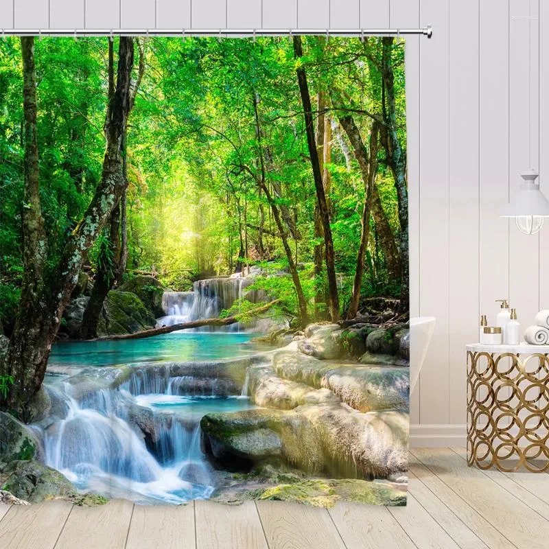 Shower Curtains Green Forest Waterfall Curtain Natural Landscape Tree Plant Tropical Jungle Scenery Wall Hanging Bathroom Decor